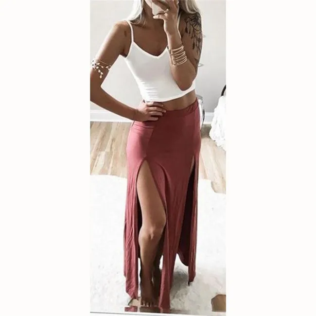 Сексуальная Женская юбка с высоким разрезом летние длинные юбки Женская длина голеностопного сустава юбка Saias женские юбки - Цвет: pink