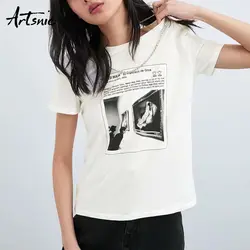 Artsnie характер печати белый повседневное для женщин футболка лето 2019 О образным вырезом с короткими рукавами, вязаные топы корректирующие