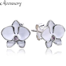 Moonmory 925 пробы серебряные серьги-гвоздики орхидеи с белой эмалью для девушек, молодых женщин, модные ювелирные изделия для изготовления подлинного серебра