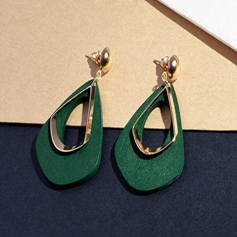 

Vintage New Fashion Statement Earring Brown Green Red Color Wooden Earrings For Wedding Party Wholesale Christmas Gift