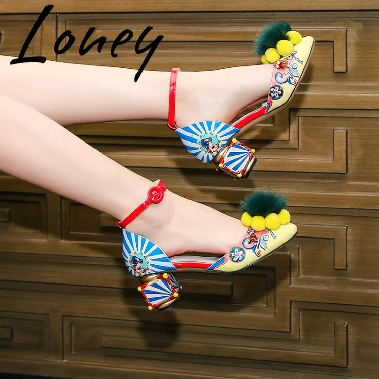 

Loney New Printed Floral Summer Spring Pumps Round Toe Pom Pom Buckle Strap HIgh Heel Sandal Pumps Shoes Women