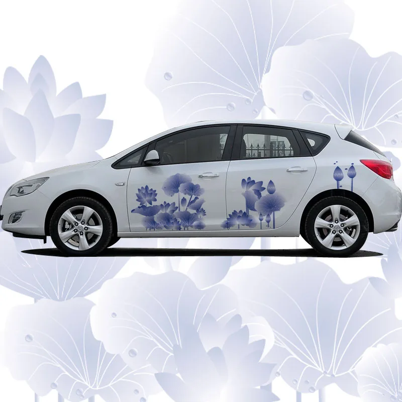 Ink and Wash Light Blue Lotus Car Charger Floral Body Stickers Graceful Pretty Flower Car