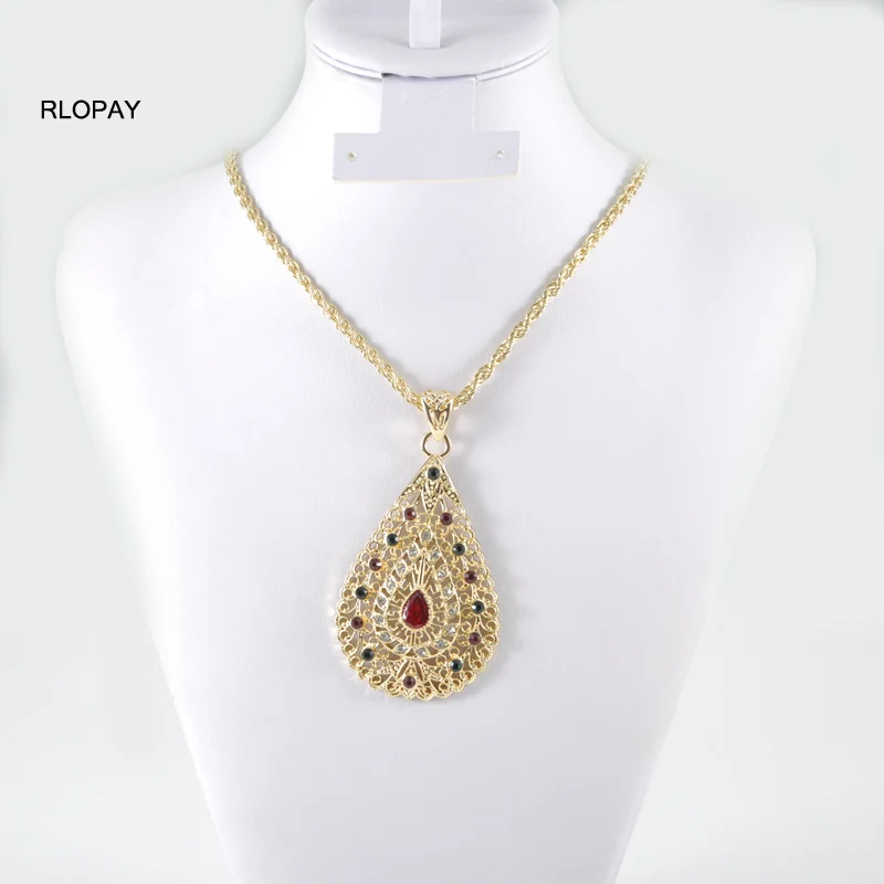 

High Quality Arab Moroccan Style Chain Necklace Luxury Shiny Red Green Crystal Waterdrop Pendant Necklace Statement Jewelry
