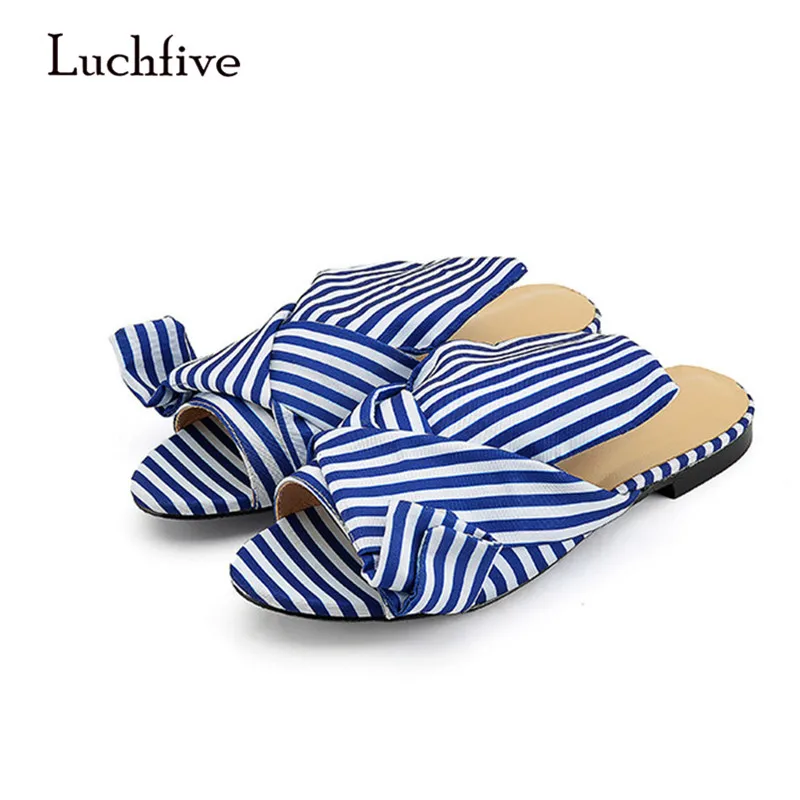 Luchfive Open Toe Big Bowtie Flat Slippers Concise Silk Solid Women Shoes Outwear Stripe Blue Summer Mules