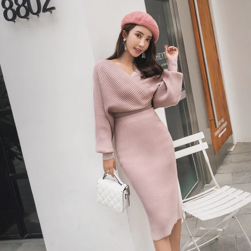 

new fashion temperament comfortable soft warm top shirt pencil skirt wild fresh high quality trend bouncy knit thick women sets