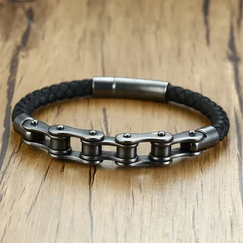 

(10pcs)Wholesale Price Genuine Leather Bracelet Men Bike Chain Stainless Steel Magnetic Clasp Male Bracelet Bangles Punk Jewelry