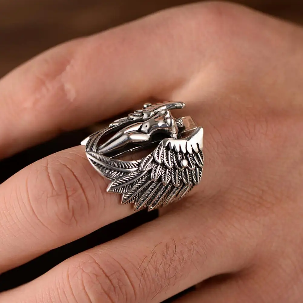 

Hot Men Gothic Cross Guardian Angel Wings Carved Biker Finger Ring Jewelry New