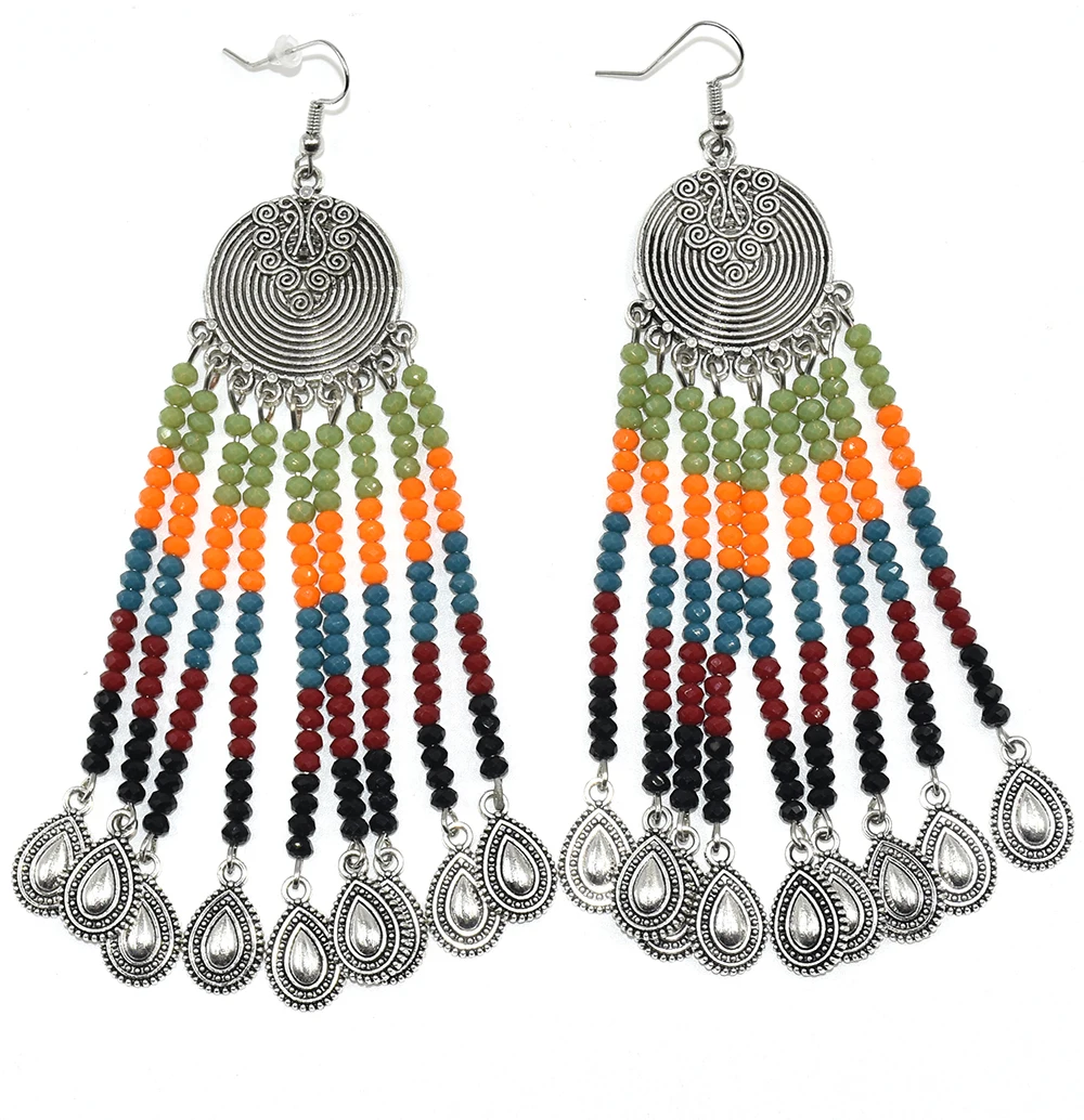 Handmade Ethnic Gypsy Party Jewelry Crystal Chandelier Earrings Crystal Beads Tassel Dangle Science Earrings