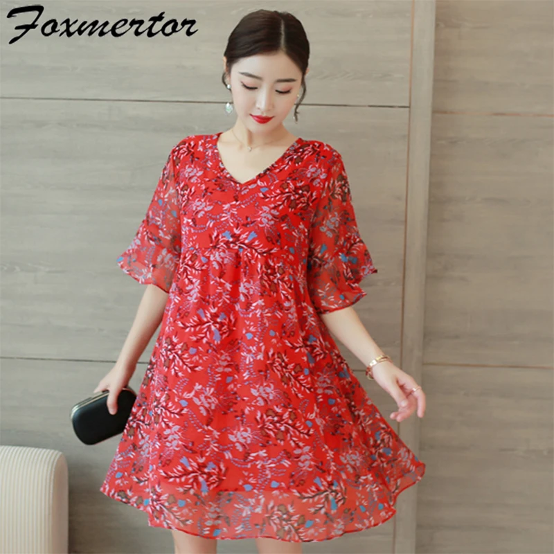 

Summer Sweet Loose Printing Dress 2019 Ladies Elegant Short Sleeve V-neck Casual Fashion Women Chiffon Red Dresses Plus Size 5XL
