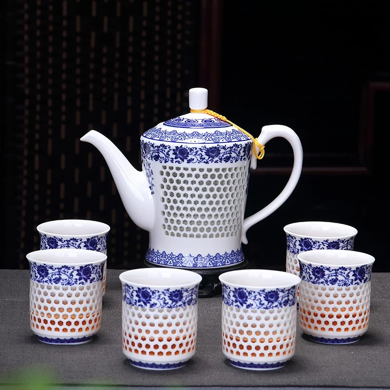 

porcelain tea pot + 4 tea cups hollow-out cellular design Chinese kungfu tea set big pots China ceramic brewer coffee cups