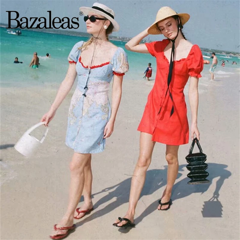 Bazaleas модное летнее платье с принтом земного шара, Красное Кружевное лоскутное женское платье, винтажное пляжное платье vestido, Женская Прямая поставка
