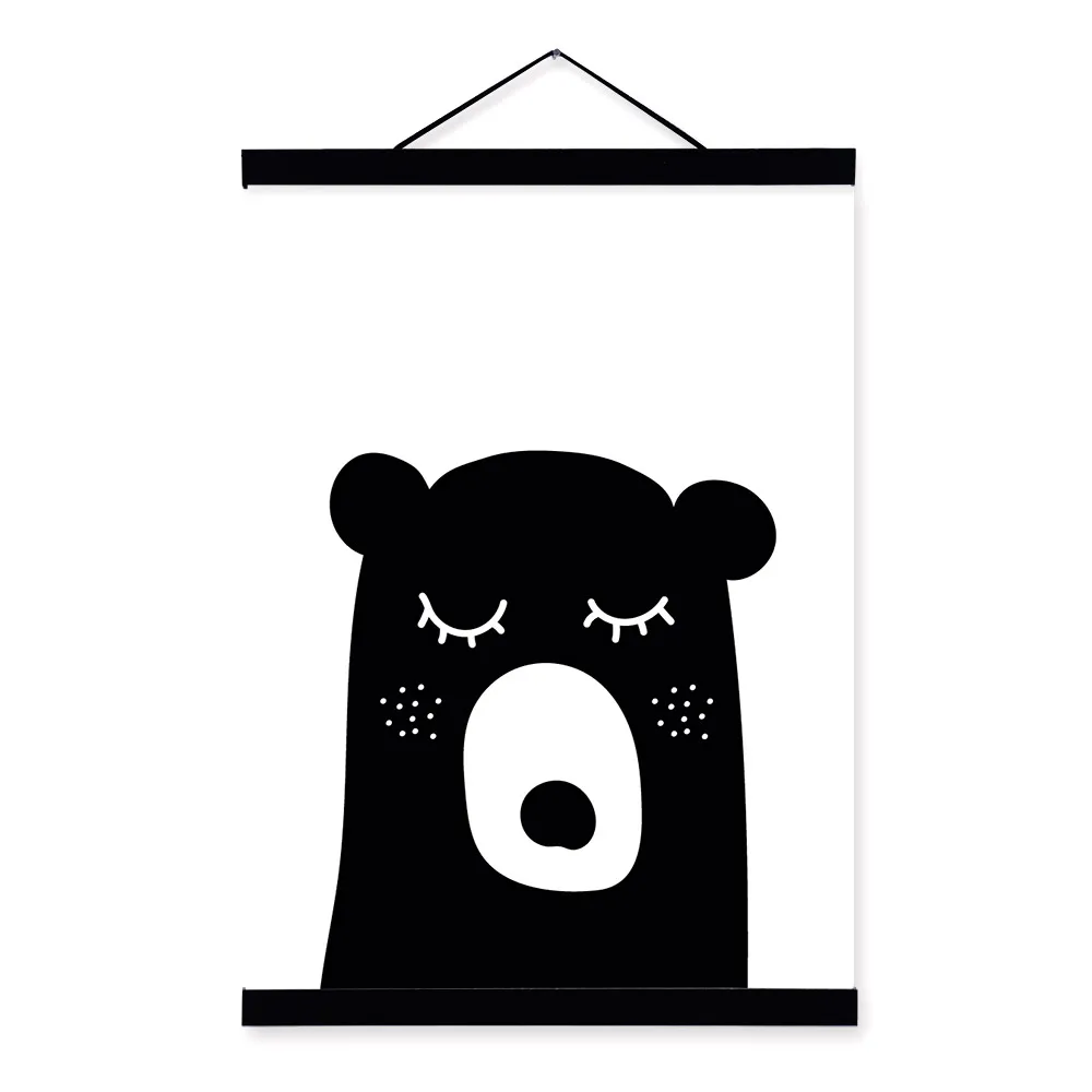 С принтом милых животных "Медведь", "Кролик", "A4 рамка с деревянным каркасом плакат Nordic для детской комнаты картина на стену холст картины принтованые Декорации для дома картины прокрутки - Цвет: bear 1 black