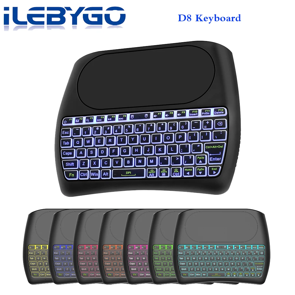 

2019 New Ilebygo Backlight D8 Pro Plus i8 English 2.4GHz Wireless Mini Keyboard Air Mouse Touchpad Controller for Android TV BOX