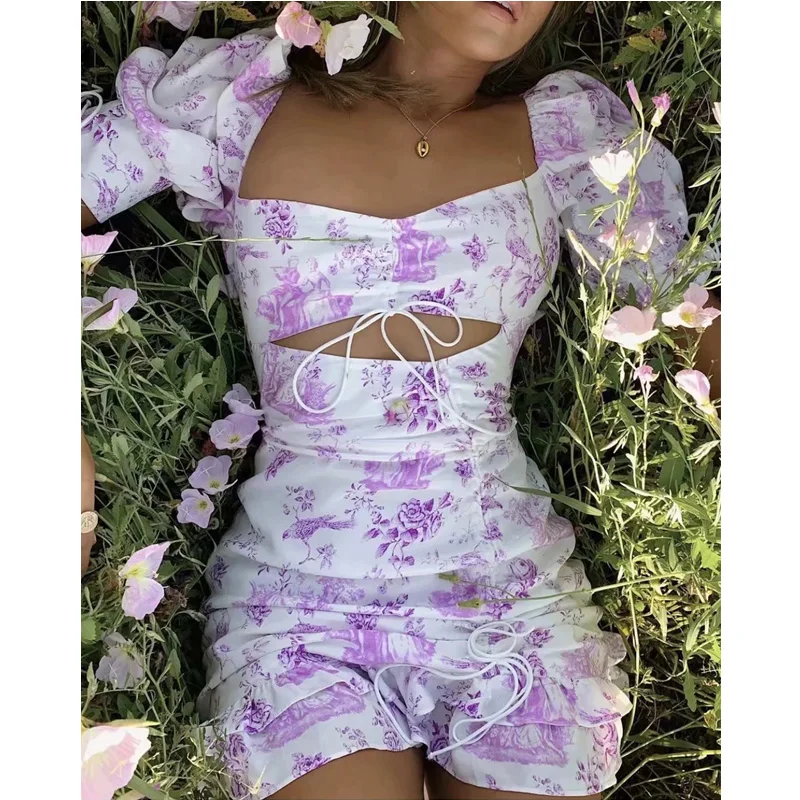 

Ellacey Lavender Floral Purple Dress Women's Chic Ins Fashion Elastic Summer Dress Sexy Backless Lace-up Flower Printed Dress