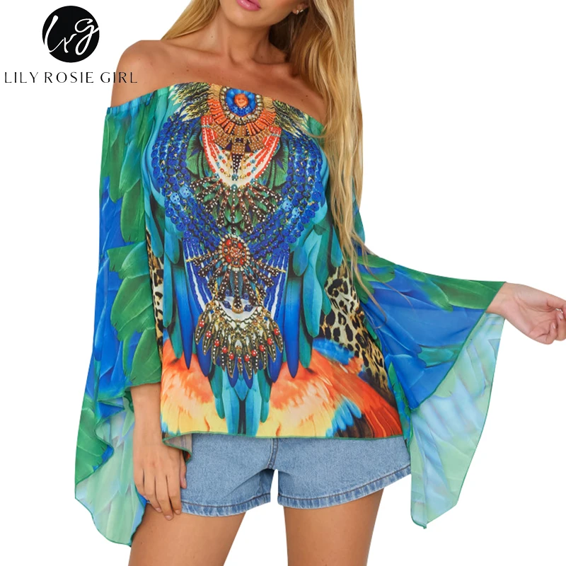 

Lily Rosie Girl Slash Neck Green Print Women Blouse Flare Sleeve Sexy Summer 2019 Beach Tops Vintage Shirt Cool Chiffon Blusas