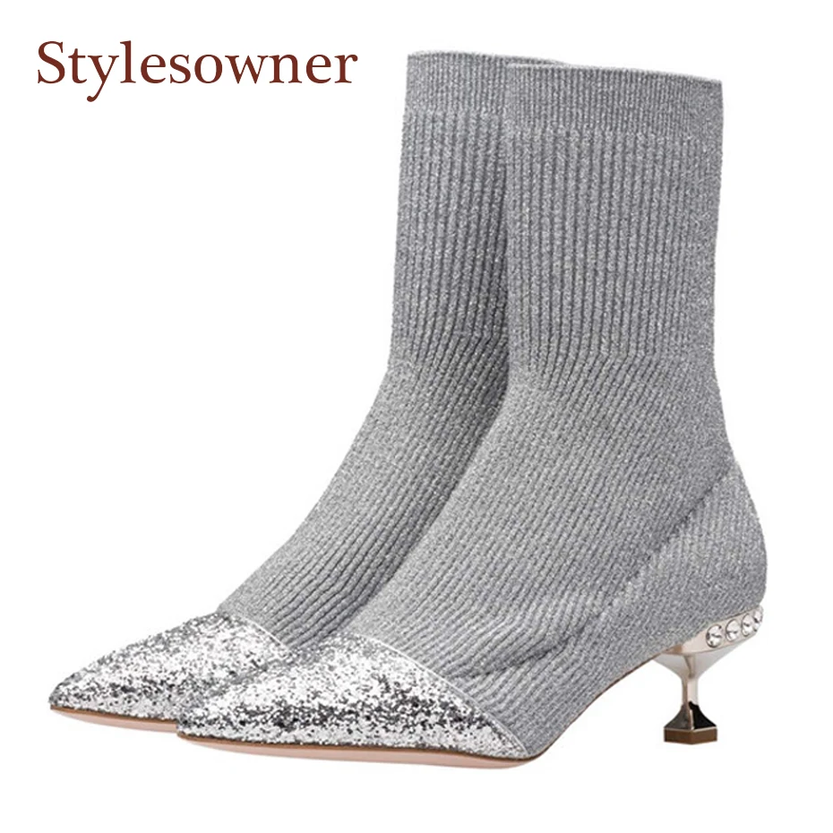 

Stylesowner women luxury stretch silver metal fabric sock boots bling pointed toe glitter low heel knit elastic lady ankle boots