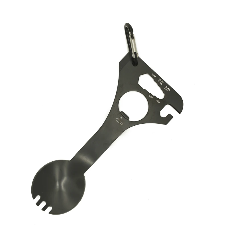 Al aire libre de acero inoxidable de Multi función EDC llave hexagonal abrelatas de botella mosquetón cuchara tenedor Camping Picnic vajilla táctico Spork