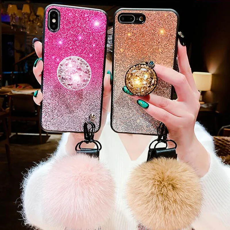 

3D Luxury crystal holder+Fur Ball+Strap Phone case For iPhone 6 6s 8 7 Plus X XS MAX XR Gradient Bling Glitter Capa Funds Coque