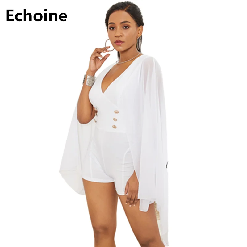 

Summer Women V-neck Playsuit Elegant OL Cloak Jumpsuit Sexy Skinny Bodycon Rompers Jumpsuit Chiffon Sleeve Button Overalls