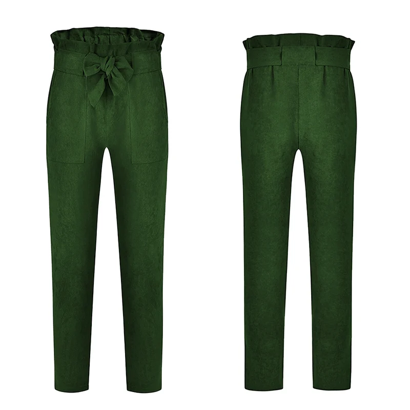 Slim Stripe Belt Office Ladies Trousers Casual Thin Pants For Women High Waist Khaki Green Pants Bow Design High Quality Slim Stripe Belt Office Ladies Trousers Casual Thin Pants For Women High Waist Khaki Green Pants Bow Design High Quality
