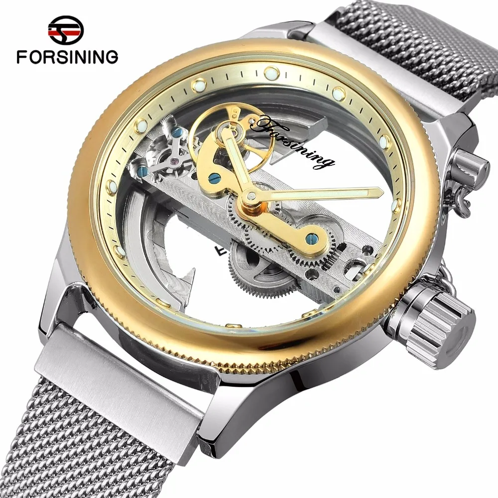 

FORSINING Gold Case Transparent Hollow Skeleton Mechanical Watch Men Silver Mesh Stainless Steel Self Wind Automatic Watch Men