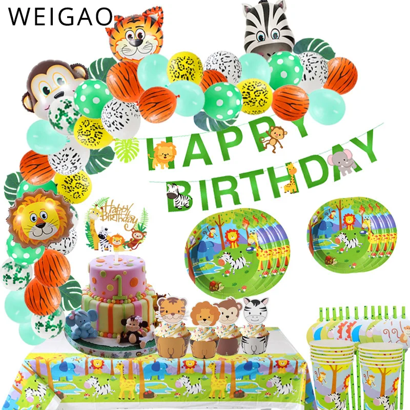 

Jungle Party Animal Friends Balloons Arch Decor Safari Party Disposable Tableware Kit Boy Birthday Paper Plate Cup Cake Toppers