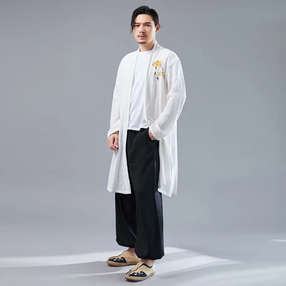 LZJN 2019 Casual Long Sleeve Shirt Summer Men's Vintage Embroidery Kimono Cardigan Cotton Linen Cloak Poncho Open Front Coat (9)