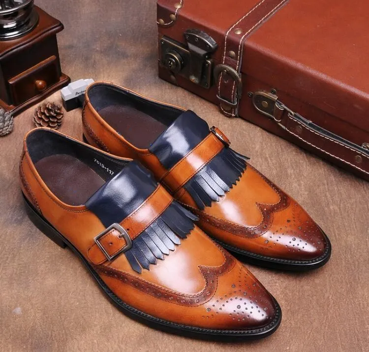 Новый подражать Пояса из натуральной кожи Для мужчин Оксфорд Обувь острыми носами Туфли с ремешком и пряжкой резные лоскутное мужской