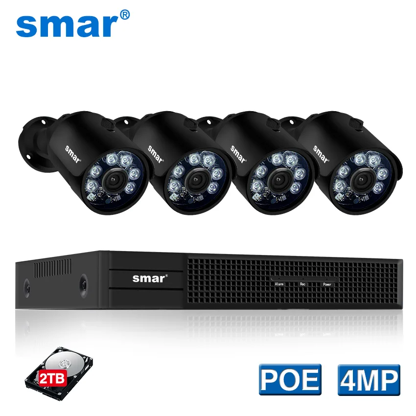 Камера видеонаблюдения Smar H.265 4 МП канала POE NVR водонепроницаемая|Система