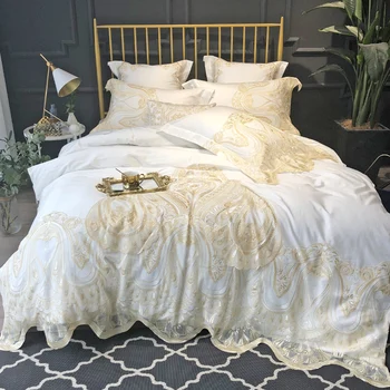 

Luxury White Lace Edge 120S Egyptian cotton Embroidered Bedding set Queen King Europe Duvet cover Bed sheet set Pillowcase 4/6pc