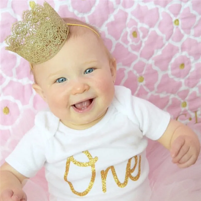 1PCS Adorable Gold Glitter Newborn Crown Lace Headband for Baby Girl 0