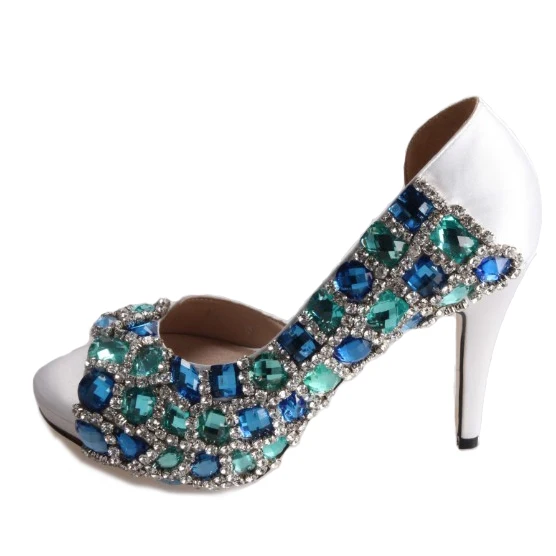 Hand sewn crystal turquoise aqua blue woman shoes bridal wedding party prom pumps small big size