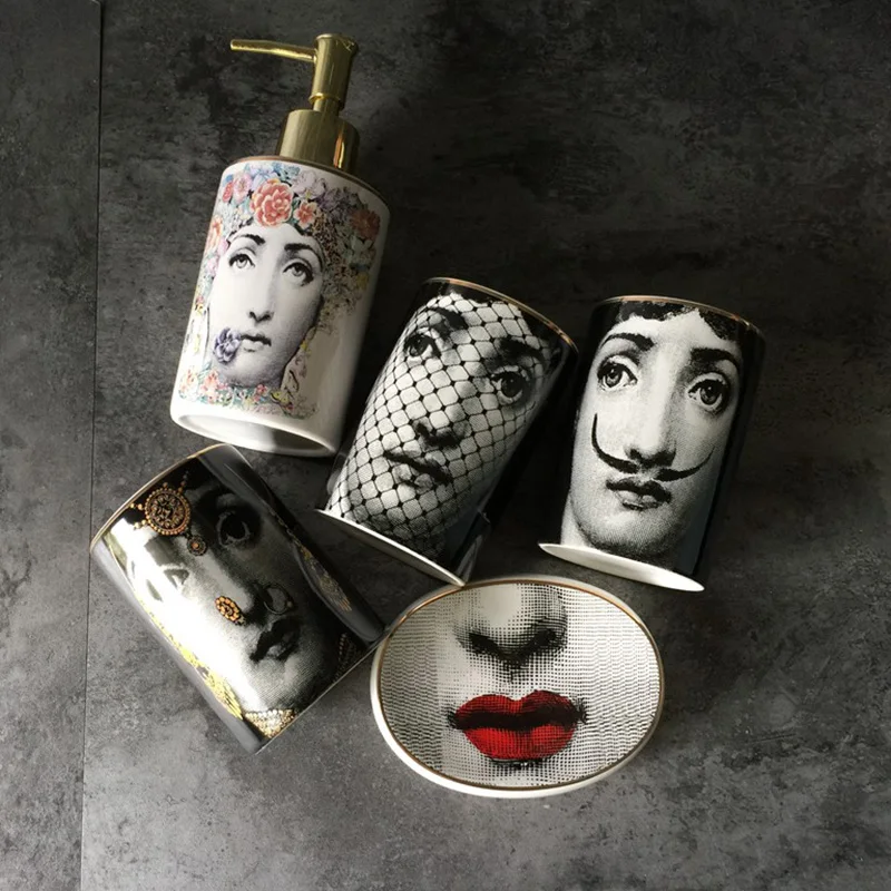 Милан Стиль Fornasetti Зубная щётка стаканы мыльница Ванна бутылка шампуня Благородный Золотой Край Ванная комната поставки бар отеля Применение