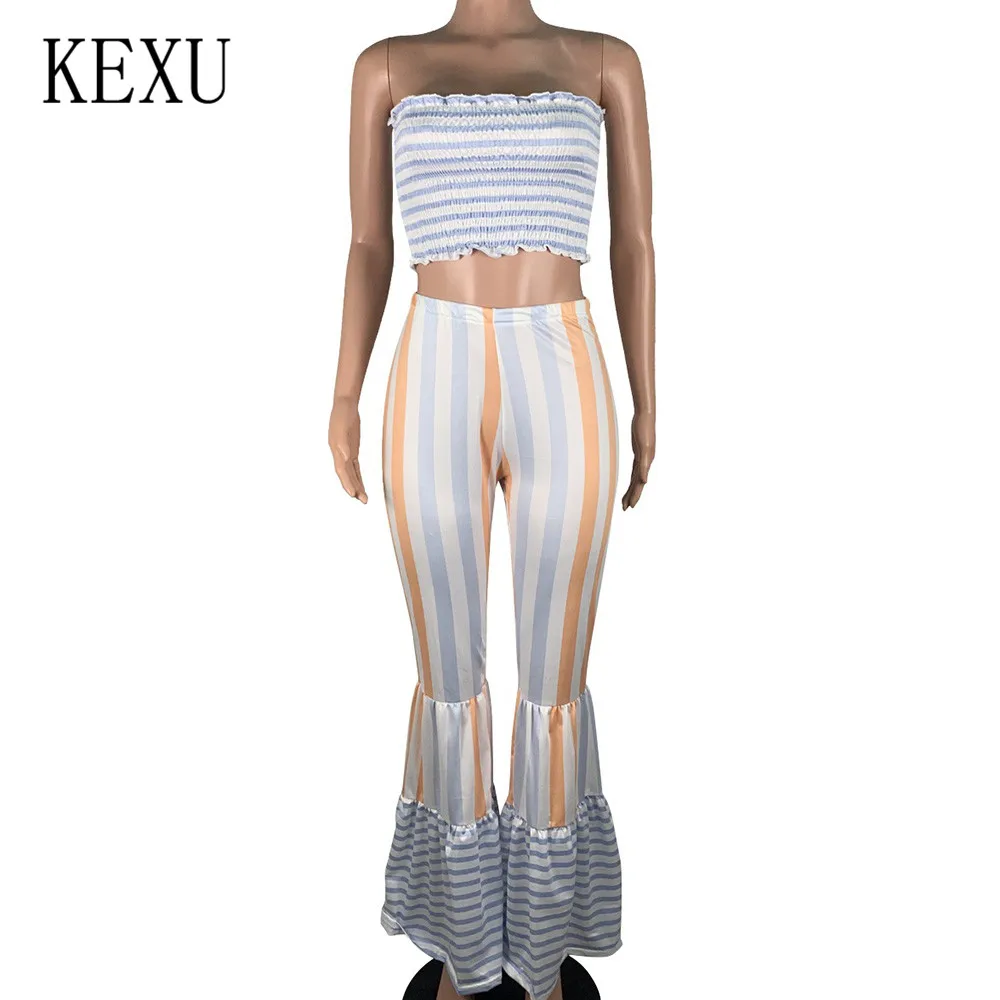 KEXU Women's Striped Print Tube Top To Play Flared Jumpsuits 2 Pieces Sets Sexy Off Shoulder Casual Playsuits Macacao Feminino