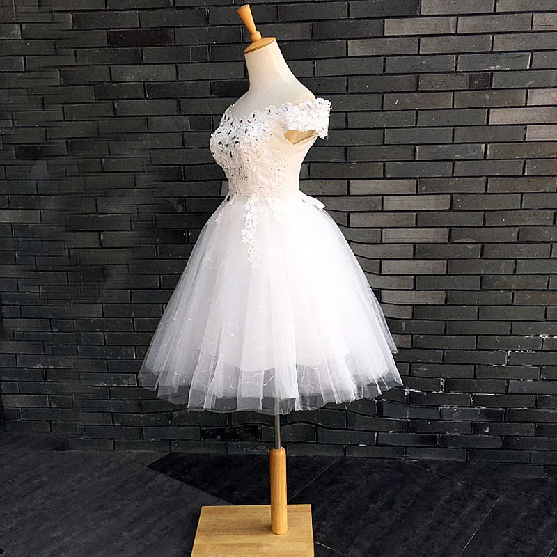 Vestido Novia Новое Короткое свадебное платье с открытыми плечами с большими кристаллами нежные аппликации свадебное белое платье настоящая цена