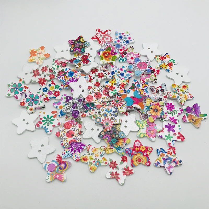 

Retail 5 Pcs Random Mixed 2 Holes Print Sewing Tools Wood Buttons 25mm Dia. For Diy Clothing Accessories star-shaped