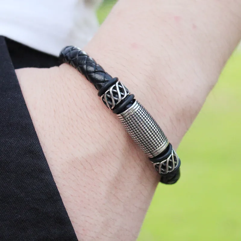 

12 Style punk Men Leather Bracelet Simple Black Stainless Steel Magnet buckle Neutral Accessories Hand-woven Jewelry Gifts