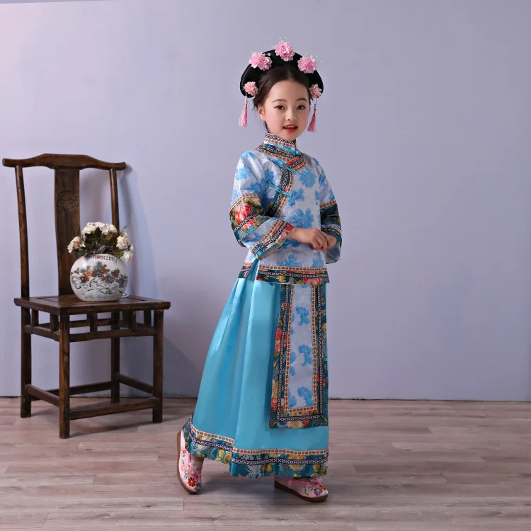 Милое платье в народном стиле династии Цин для девочек; Детский костюм; Традиционный китайский костюм для детей в древнем стиле; Одежда для