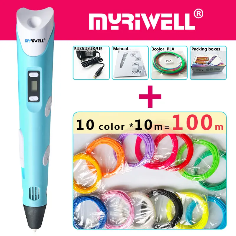 Myriwell 3d Ручка ручки светодиодный дисплей 100 м ABS/PLA нити модель Smart ручка для печати