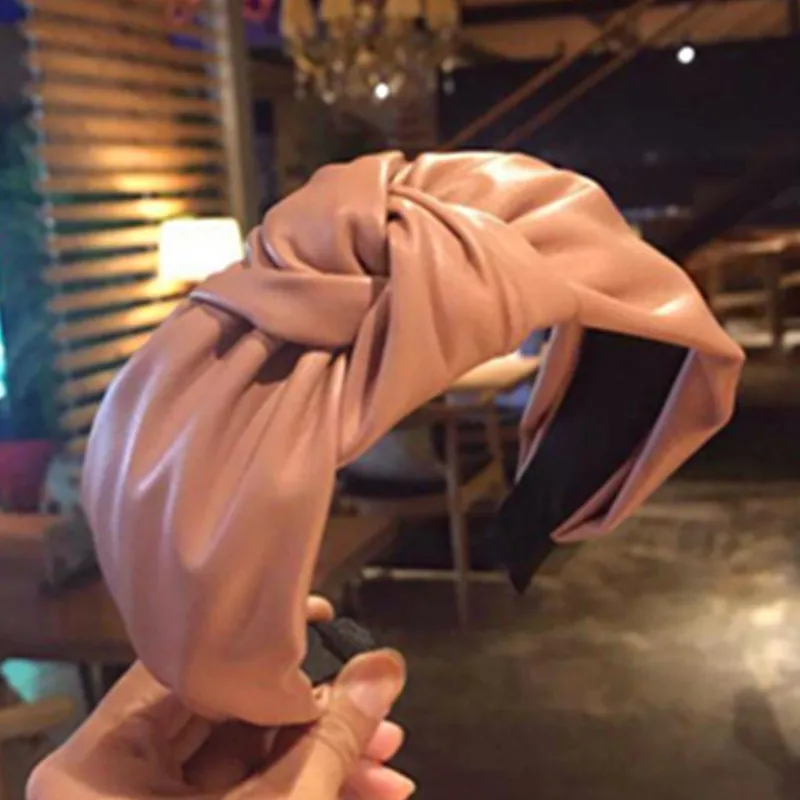 

Pink Headband Hairband Women PU Leather Hair Headband Knot Adult Solid Headband Girls Teen Hairband Topknot Hard Headband Turban