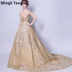 Mingli Tengda Blingbling Gold Роскошные свадебные платья свадебное платье с v-образным вырезом Свадебное платье спрей Золотое кружевное свадебное