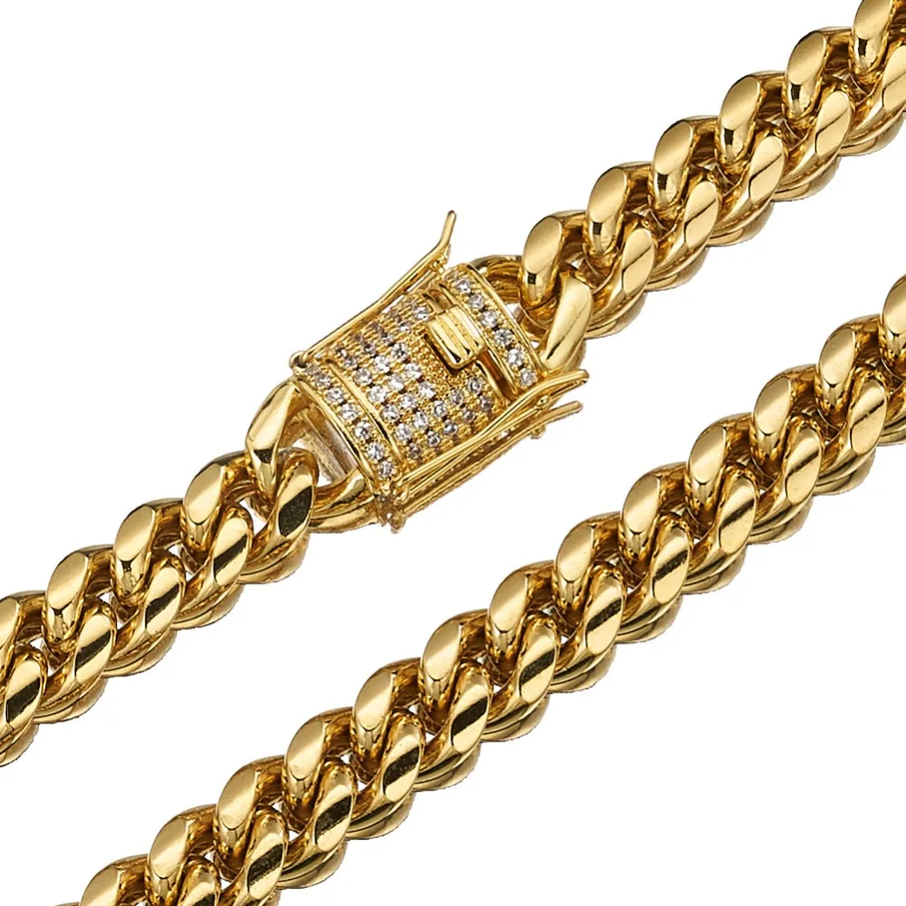 Идеальная Мужская блестящая застежка из нержавеющей стали золотого цвета, цепочка с кубинскими звеньями, ширина 8-18 мм, 7-40 дюймов, ожерелье или браслет