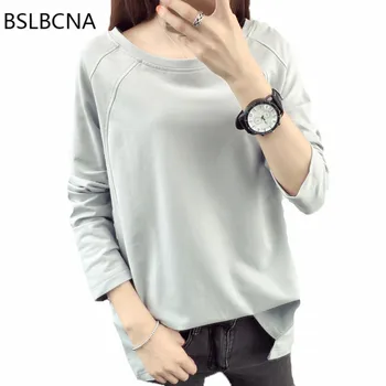 

Loose Plus Size Long Sleeve T Shirt Women 2019 Autumn Korean Pure Cotton Round Collar Simple Tops Elastic Clothes Female A98