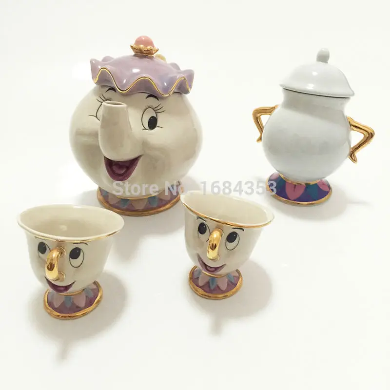 

4pcs Suits Old Style Cartoon Beauty And The Beast Mrs Potts Tea Set[1 Pot+2 Cups+1 Sugar Pot] Cup Mug nice Gift Free Shipping