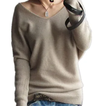 

Spring and Autumn Short Design Cashmere Sweater Female Loose Batwing Shirt Deep V Neck Pullover Sweater Basic Shirt Sweater