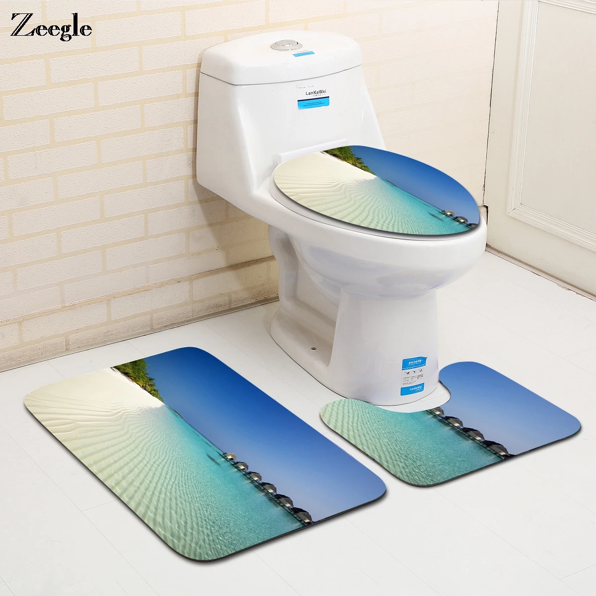 Zeegle 3pcs Bathroom Carpet Bath Mat Set Beach Pattern Toilet Rug Set