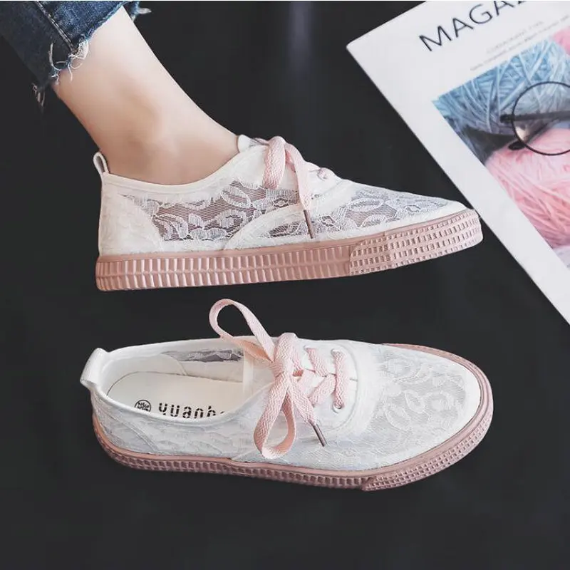 

Women Lace Shoes 2019 Woman Casual Comfortable Breathable Flat Shoes Woman White Hollow lace sneaker canvas shoes BA-76