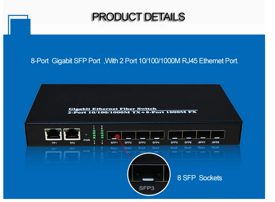 10/100/1000 м 8-Порты и разъёмы Gigaibt SFP порт, с 2 Порты и разъёмы 10/100/1000 м RJ45 Ethernet медиаконвертер для разъемов
