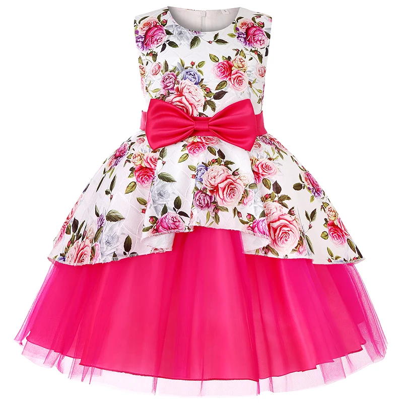 Красивые платья для дня рождения с цветочным рисунком для маленьких детей; одежда для детей; свадебное платье принцессы для малышей; праздничный костюм с бантом - Цвет: Rose