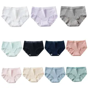 

Japanese Women Sweet Girls Candy Color Underwear Thread Ribbed Cotton Panties Thong Seamless Lace Splicing Trim Low Rise Briefs
